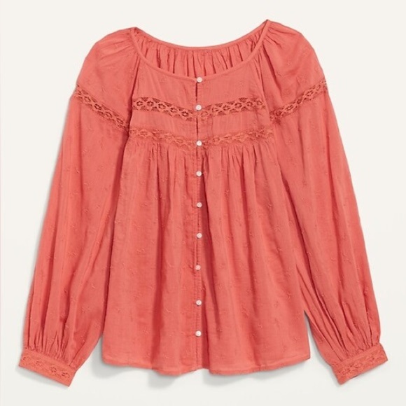 OLD NAVY | Sugar Poppy Color Embroidered Lace Trimmed Cotton Blend Blouse - Picture 1 of 16